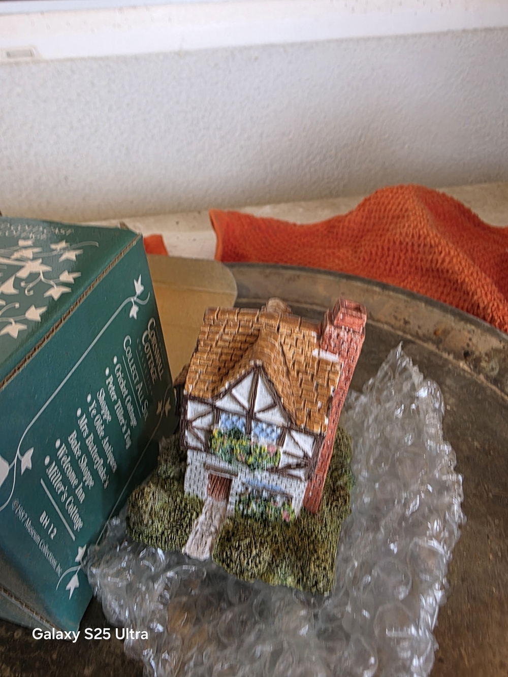 Fairy Garden Hand-Painted Ceramic Cottage Holiday Ornament in Orange and White